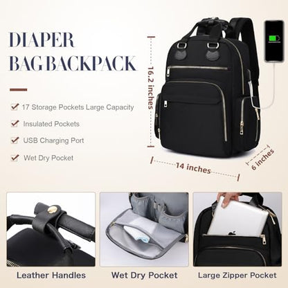 Diaper Bag Backpack Travel Baby Bag with Changing Pad,17 Pockets,Insulated Pockets,USB Charging Port,Baby Shower Essentials,Black - color: Black