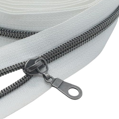 MebuZip #5 Gunmetal Metallic Nylon Coil Zippers by The Yard Bulk Coil Zipper Roll 10 Yards with 25pcs Pulls for DIY Sewing Craft Bags (White) - color: Gunmetal White
