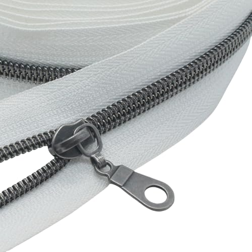 MebuZip #5 Gunmetal Metallic Nylon Coil Zippers by The Yard Bulk Coil Zipper Roll 10 Yards with 25pcs Pulls for DIY Sewing Craft Bags (White) - color: Gunmetal White