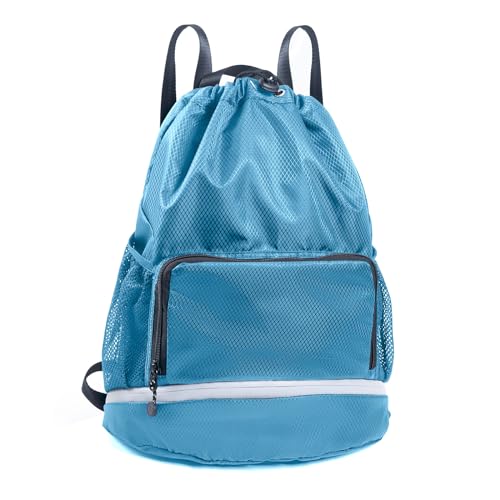 Swim Beach Sports Drawstring Backpack - Gym Bag with Shoes Compartment and Waterproof Pocket for Gym Accessories, Swim Essentials - Kids Mens Beach Workout Bag - color: Blue, style: Style B