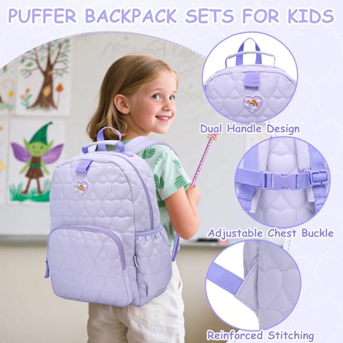 Chase Chic Toddler Backpack for Girls, Puffer Cute Lightweight Preschool Backpack with Lunch Box Set for Daycare Travel Kids Age 3-6,Purple Heart - color: Purple Heart