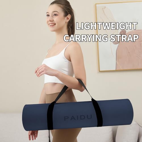 PAIDU Yoga Mat Non Slip Anti-tear,extra thick-2/5 inch（10MM）High Resiliency Professional POE Yoga Mats for Women Men Kids,72"x24"inch,Workout, Yoga, Pilates and Floor Exercise, with Carrier Strap - color: Navy blue & Black