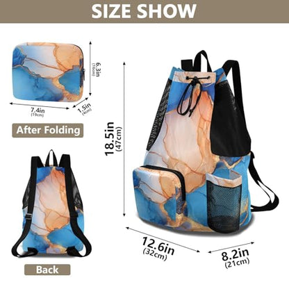Draw String Back Bag Gym Bag With Pockets String Backpack Bag Waterproof Marble Royal Blue Peach - color: Color 12