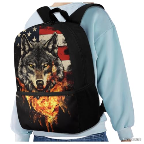 American Flag Wolf Backpack with Lunch Box for Boys 8-12 Kids Bookbag for Primary Elementary School Bags with Water Bottle Pouch and Pencil Case 4PCS Back to School Bags with Side Pocket - color: American Flag Wolf
