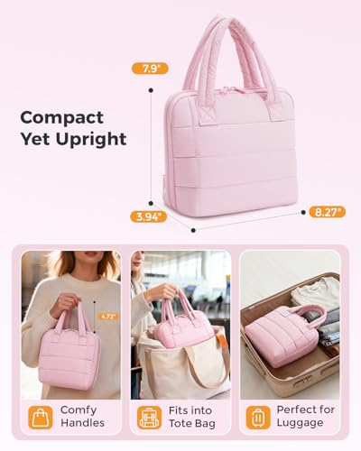 Wandering Nature Standing Makeup Bag for Travel, Portable Fold-down Cosmetic Organizer, Puffer Open Make Up Pouch with Handle & Divider & Brush Holder, Easy Clean Toiletry Bag with EVA Lining - color: A1: Pink
