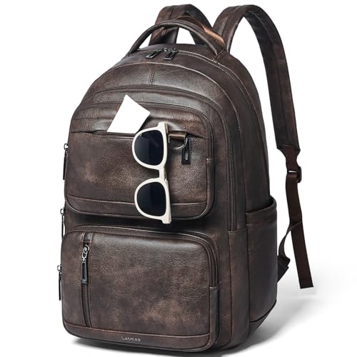 LATMAP Vegan Leather Backpack 17In Laptop Backpack for Women Travel Coffee | large capacity, laptop compartment, water-resistant, easy to wipe clean, TSA-friendly, with luggage strap & pickpocket-proof - color: Coffee Color