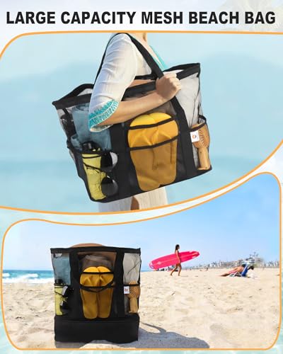 CaCTOUR Beach Bag with Cooler Compartment,Mesh Beach Bag Dry Wet Detachable with Zipper Pockets,Waterproof Sandproof Pool Bag - color: Black