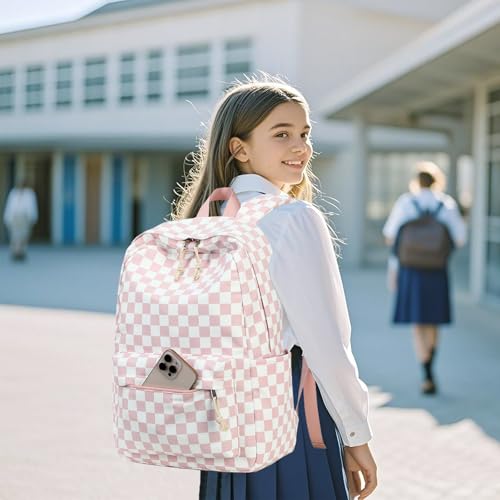 LEDAOU Backpack for Girls School Bag Kids Bookbag Teen Backpack Set Daypack with Lunch Bag and Pencil Case | Kids - color: Grid - Pink and White