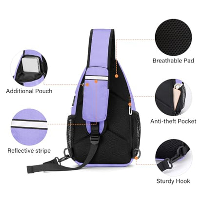 MOSISO Sling Backpack Bag, Crossbody Shoulder Bag Travel Hiking Daypack Chest Bag with Front Square Pocket&USB Charging Port - color: Lilac