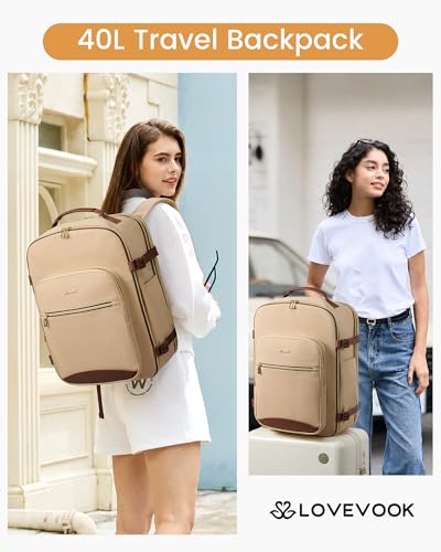 LOVEVOOK 40L Travel Backpack Flight Approved Carry on Backpack,3 Packing Cubes,Waterproof Personal Item Travel Bag,TSA Carry on Luggage Suitcase Travel Essentials,Gifts for Women & Men,fits 17" Laptop - color: Beige - Chestnut Brown, size: Large-40L-4Pcs