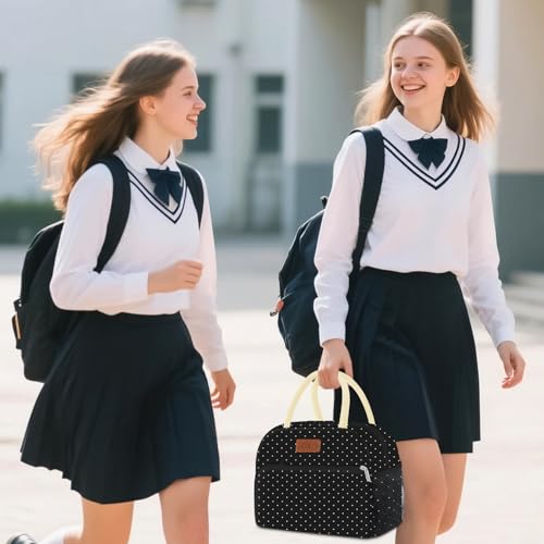 Coobiiya Lunch Bag Women,Lunch Box LunchBag for Women Adult Men, Small Leakproof Cute Lunch Tote Large Capacity Reusable Insulated Cooler Lunch Container for Work/Office/Picnic/Travel-Black Polka Dot - color: Dot