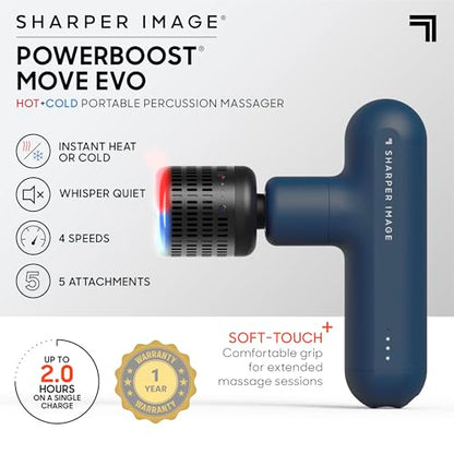 Sharper Image Deep Tissue Percussion Massage Gun, Powerboost Move Evo Hot & Cold Rechargeable Handheld Massager, 4 Adjustable Speeds, 5 Attachment Heads & Carrying Case, for Muscle Pain Relief, Blue - color: Navy - Hot + Cold