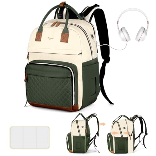 Diaper Bag Backpack - Extra Large Diaper Bag for 2 Kids Twin, Travel Baby Bags for Mom Dad 25-37L Expandable with Changing Pad Earphone Hole, Apricot Green - color: Green & Apricot