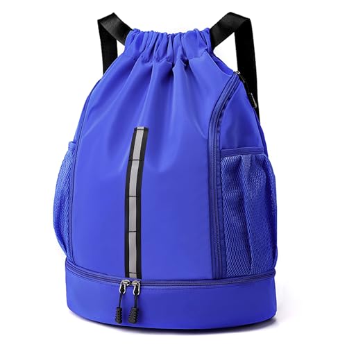 Sport Gym Bag Drawstring Backpack Beach Bag for Men Women with Shoe Compartment and Reflective Strips (Blue) - color: Blue