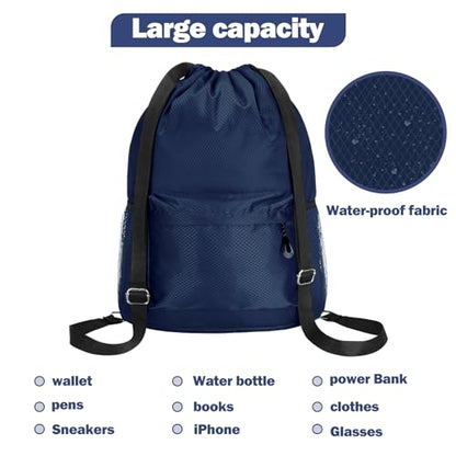 Waterproof Drawstring Bag, Lightweight String Backpack with Water Bottle Holder and Pockets, Gym Sports Cinch Sackpack (Blue) - color: Blue
