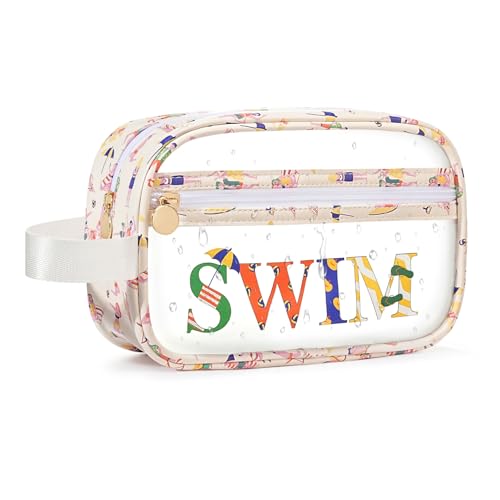 COSHAYSOO Clear SWIM Bag Swimming Pool Accessories Cute Swimmer Team Gifts for Women Teen Girls Bikini Swimsuit Goggle Cap Sunscreen Makeup Storage, Waterproof Beach Vacation Summer Travel Essentials - color: Beige SWIM