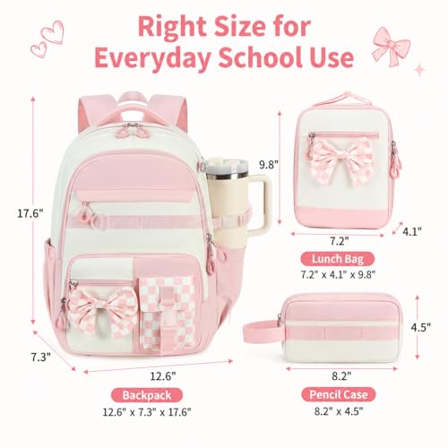 CAMTOP Girls Backpack with Lunch Box & Pencil Case Set, School Backpack for Girls with Large Water Bottle Holder Straps, Waterproof Kids Backpack, Cute Bookbag for Elementary School & Travel - color: Pink White