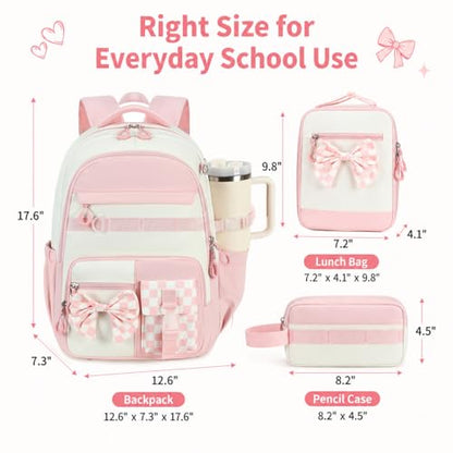 CAMTOP Girls Backpack with Lunch Box & Pencil Case Set, School Backpack for Girls with Large Water Bottle Holder Straps, Waterproof Kids Backpack, Cute Bookbag for Elementary School & Travel - color: Pink White