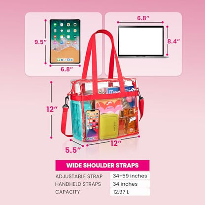 Handy Laundry Clear Bag 12x6x12 Stadium Approved - Transparent Tote Zippered Top & Shoulder Straps for Work, Sports, Concerts - color: Red