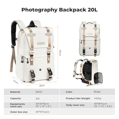 K&F CONCEPT Camera Backpack, Camera Bags for Photographers Large Capacity Camera Case with Raincover,15-15.6 Inch Laptop Compartment Compatible for Canon/Nikon/Sony/DJI Mavic Drone - color: 08-beige