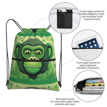Green Clever Monkey Prints Drawstring Zipper Backpack Lightweight Sport Gym Bag Water-Resistant Travel Throw Cover for Men Women Teens