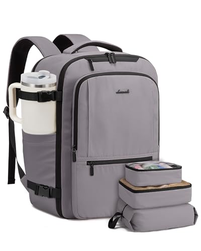 LOVEVOOK Travel Backpack for Women & Men, 40L Large Carry On Backpack Airline Approved, TSA Personal Item Weekender Bag, Water Resistant Laptop Backpack with 3 Packing Cubes for Travel Essentials - color: Grey, size: 18 Inch - 4 Pcs