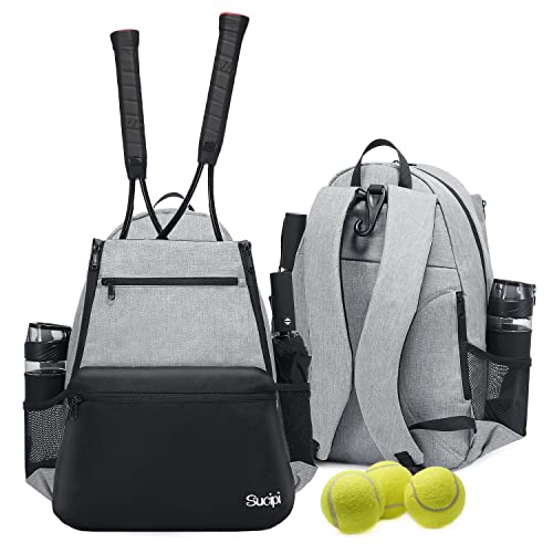 Sucipi Tennis Bag Professional Tennis Backpack for Men and Women Racket Bags Holds 2 Rackets with Ventilated Shoe Compartment - color: Black & Gray