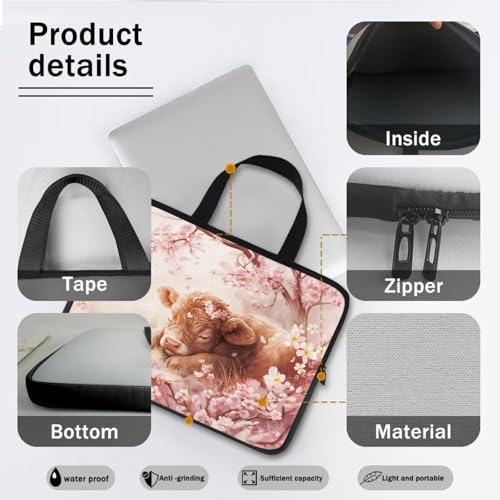 10 Inch Cherry Blossom Cow Laptop Sleeves, Lightweight Computer Tote Bag Tablet Carrying Case Neoprene Laptop Cover Handbag Briefcase Shoulder Bag for Travel/Business/School - color: Cherry Blossom Cow, size: 10 Inch