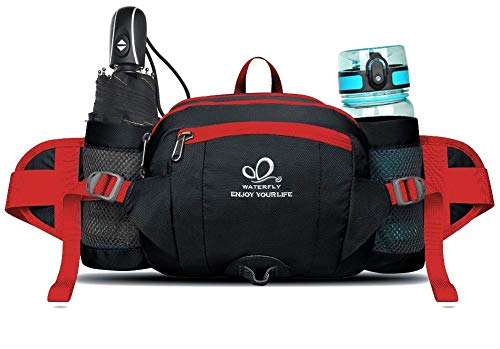 WATERFLY Fanny Pack Waist Bag: Fannie Pack 2 Water Bottle Holders Lumbar Belt Hiking Walking Running Jogging Camping Large Woman Man (Bottle Not Included) - color: Black-red