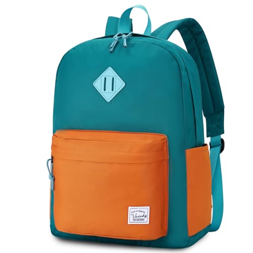 VASCHY Lightweight Backpack for School, Water Resistant Classic Bookbag with Side Pockets for Boys,Girls Kids,Teens Lake Green Tangerine - color: Lake Green & Tangerine