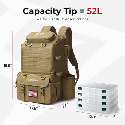 Piscifun 52L Fishing Tackle Backpack with Rod Holders & 4 Tackle Boxes, Large Tackle Bag for Gear Storage with Rain Cover - color: Khaki