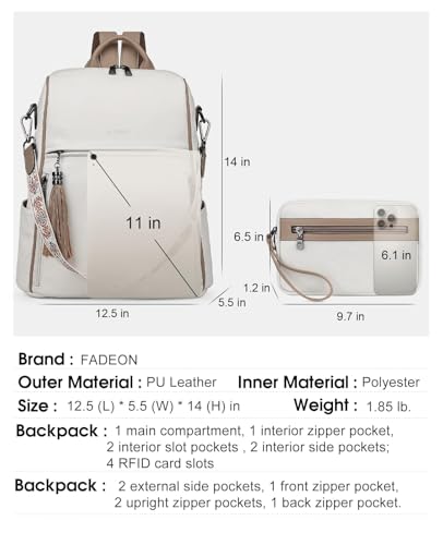 FADEON Leather Backpack Purse for Women Designer Travel Backpack Purses PU Fashion Ladies Shoulder Bag with Tassel - color: White Contrast Camel Retro Style