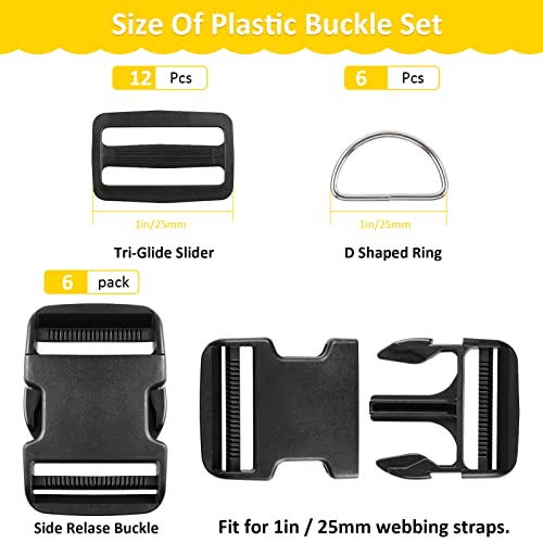 6 Pcs Quick Side Release Buckle, 12 Pcs Tri-Glide Slide、 6 Pcs Metal D-Rings,Dual Adjustable, No Sewing Required Suitable for 1 inch Wide Nylon Webbing (1 inch Buckle Combo Set) - color: 1" 6 Pcs Buckle Set