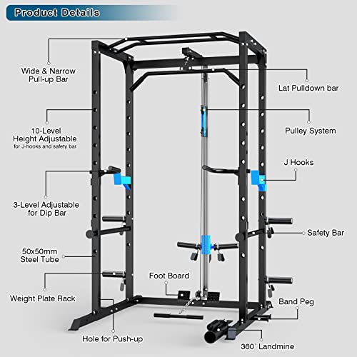 ULTRA FUEGO Power Cage, Multi-Functional Power Rack with J-Hooks, Dip Handles, Landmine Attachment and Optional Cable Pulley System for Home Gym - size: Power Cage with Pulley System and Olympic Bar
