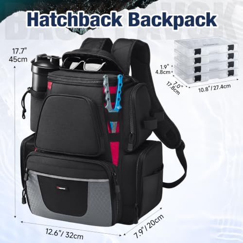 Piscifun Fishing Tackle Backpack with 2 Rod Holders, 4 Boxes & Rain Cover - color: Black