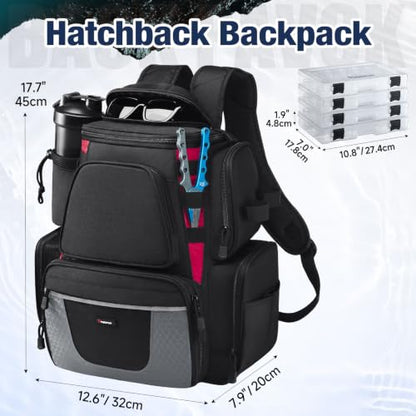 Piscifun Fishing Tackle Backpack with 2 Rod Holders, 4 Boxes & Rain Cover - color: Black