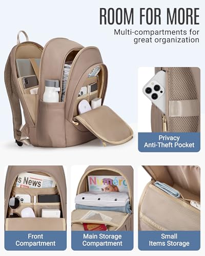 LIGHT FLIGHT Travel Backpack for Women, 15.6 Inch, Champagne | Laptop Backpack, USB Charging Hole, Water Resistant, Large Capacity, College Bookbag - color: Champagne, size: 15.6 Inch without Wheels