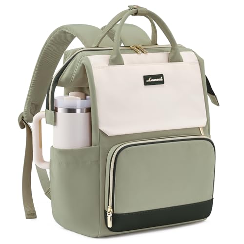 LOVEVOOK Laptop Backpack for Women with Giant Tumbler Holder Pocket, 17.3 inch Travel Work Bag Purse for Nurse Teacher, Waterproof Casual Daypack Bookbag for College Business - color: Bean Green Beige, size: 17.3 inch