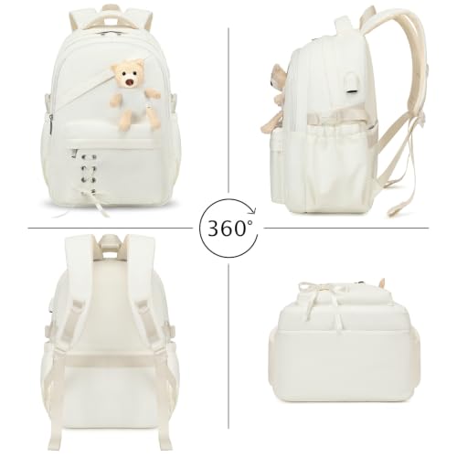 ACESAK School Backpack for Girls - 3 PCS Cute Girls Backpack with Lunch Box & Pencil Case - Kawaii Casual Kids Bookbag School Bag Daypacks Set for Elementary Middle High School Student Teens (Beige) - color: Beige