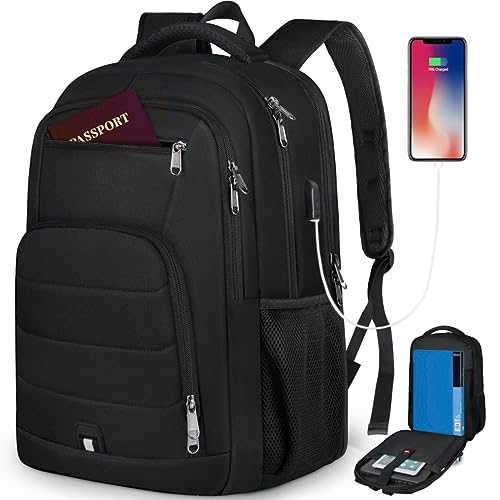 RAINSMORE Laptop Backpack 17 Inch Large Travel Backpack for Men Women Waterproof Computer Work Business College Bookbag TSA Friendly Carry on Backpack with USB Port, Black - color: Black