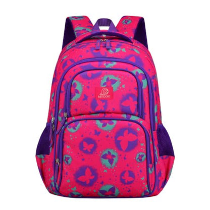 MYGOO Girls School Backpack Campus Butterfly Magenta Bookbag for Elementary Middle School Ages 5-12, 17 inch Large Capacity 24L Kids Student Travel Bags - color: Campus Butterfly Magenta