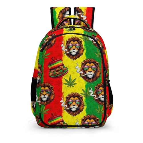 Sturdy Laptop Backpack Rasta Lion Judah with Sunglasses Smoking Jamaican Reggae, Anti Theft Water Resistant Travel Business Bag with Water Bottle Pockets Gifts for Men Women - color: Pattern (326)