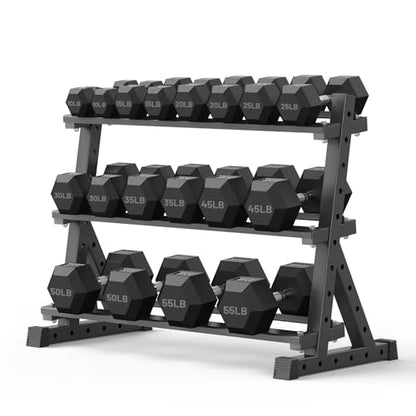 PAPABABE Hex Dumbbell Set with Rack, Rubber Encased Free Weight with Weight Storage Racks, Multiple Weight Options for Home Gym and Fitness - style: 570LB with 3-Tier Weight Rack