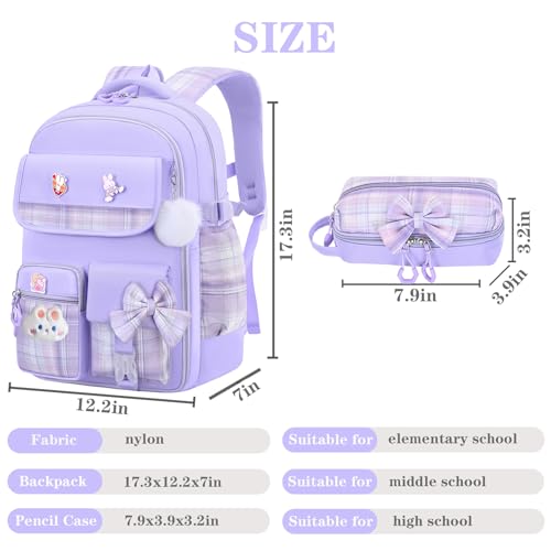 NSEQB Girls Backpack,Kids School Backpack With Lunch Box Pencil Case Set,Cute Childrens Schoolbag For Girls - color: Purple-2PCS