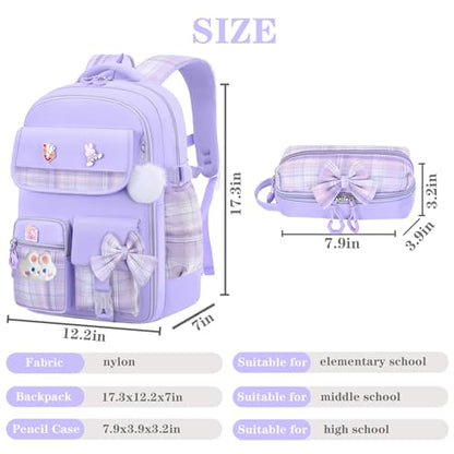 NSEQB Girls Backpack,Kids School Backpack With Lunch Box Pencil Case Set,Cute Childrens Schoolbag For Girls - color: Purple-2PCS