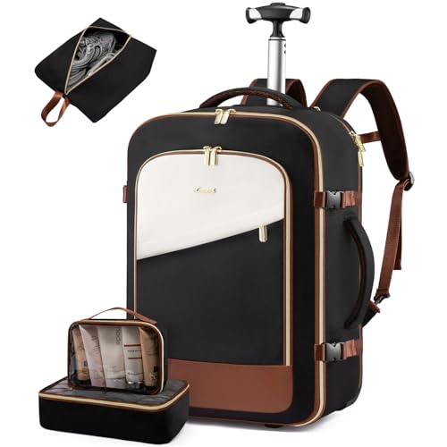LOVEVOOK Rolling Backpack with Wheels, Carry On Luggage for Women Men, 17 Inch Wheeled Travel Backpack 57L Water Resistant, Flight Approved Underseat Luggage Trolley Bag for Business Overnight - color: Black-white-brown, size: 57L
