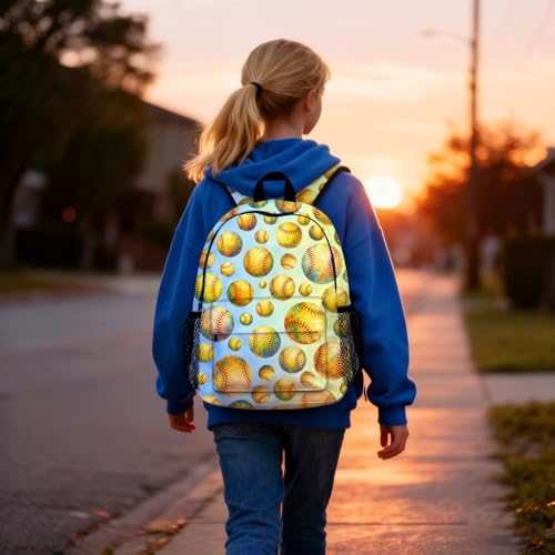 Softball Backpack for Kids & Youth, 16 Inch Tennis-Themed School Bookbag, Lightweight Polyester Daypack with Front Zip Pocket, Side Bottle Pocket, Padded Adjustable Straps, Unisex - color: Softball