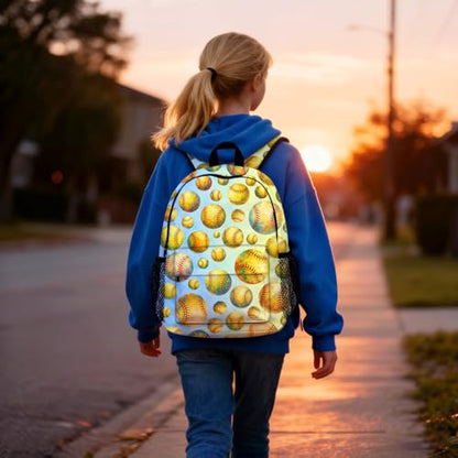 Softball Backpack for Kids & Youth, 16 Inch Tennis-Themed School Bookbag, Lightweight Polyester Daypack with Front Zip Pocket, Side Bottle Pocket, Padded Adjustable Straps, Unisex - color: Softball