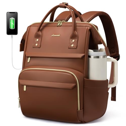LOVEVOOK Laptop Backpack for Women with Large Water Bottle Pocket, 17 inch Water Resistant Leather Travel Backpack with USB Port, Professional Work College Teacher Backpack - color: Brown, size: 17-Cup