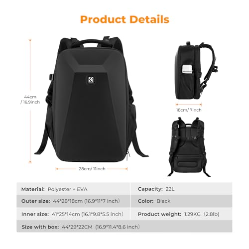 K&F CONCEPT Camera Backpack,Hardshell Photography DSLR Camera Bag with 15-15.6 Inch Laptop Compartment Waterproof Hard Shell Camera Case Compatible with Canon/Nikon/Sony/DJI Mavic Drone - color: Black
